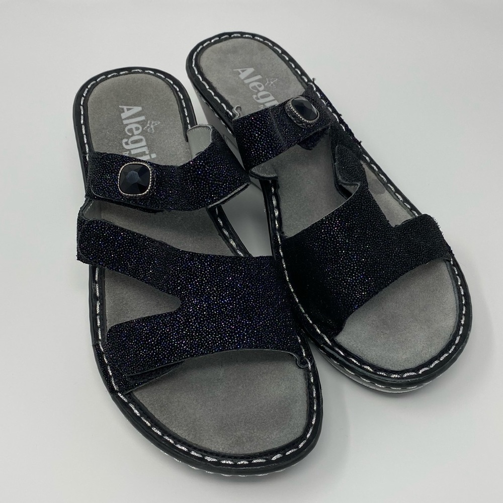 Alegria Loti black glitter wedge sandal